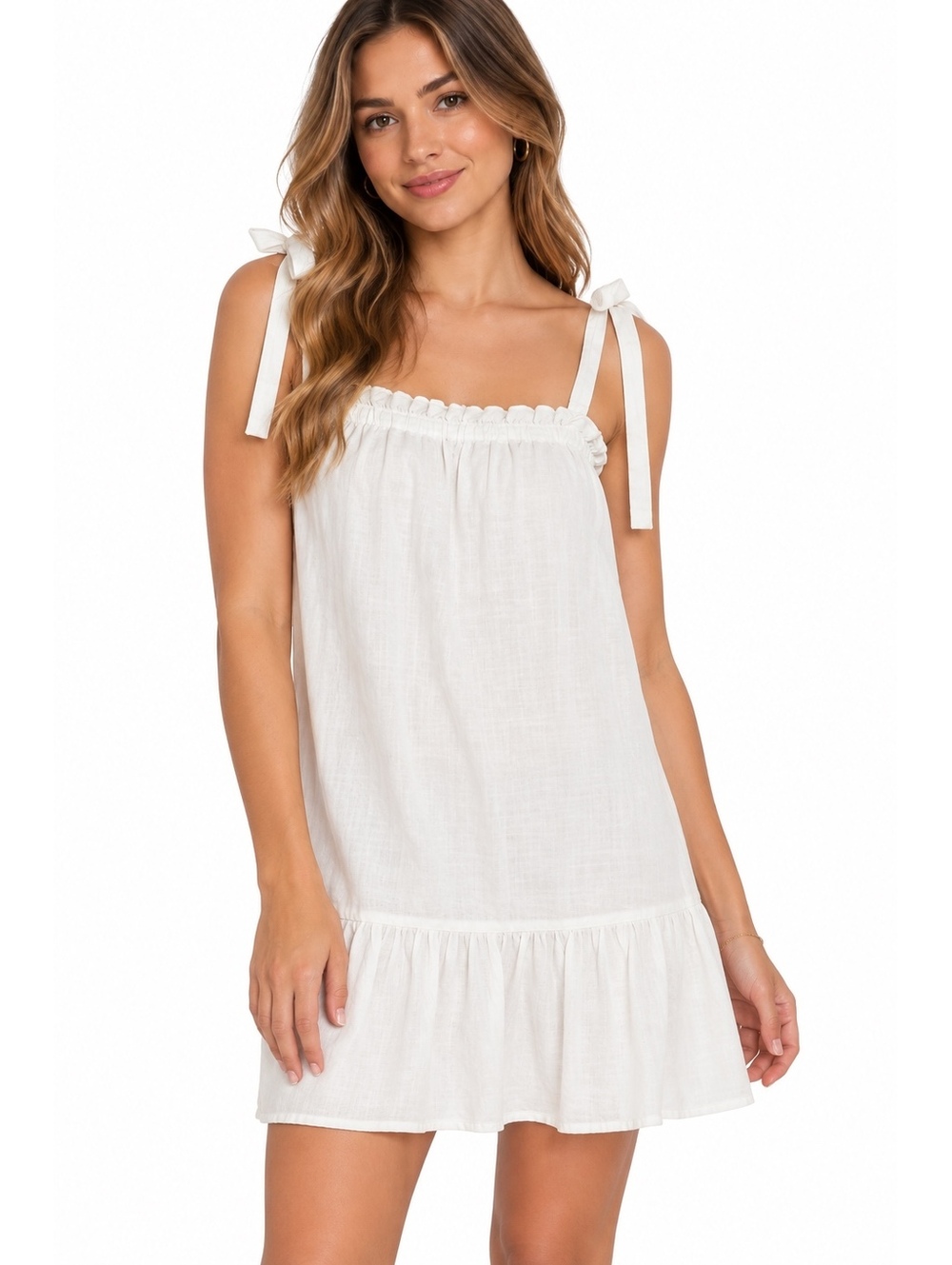 Japna Beachwear White Cotton Linen Tie Strap Ruffle Midi Dress Size M Coastal